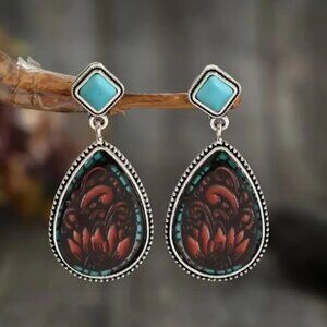 NEW Western style Brown & Turquoise Stud with drop earrings - Silver plated